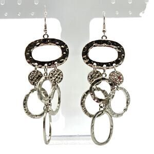 Earrings Cascade Hammered Circles Interlocked Silver Tone Dangle Statement S3125